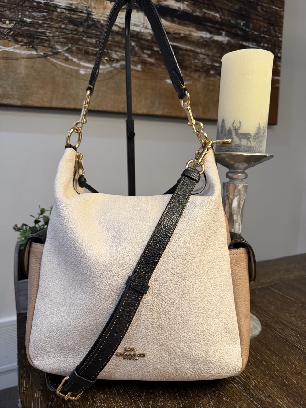 Coach Pennie Pebbled Leather ColorBlock Tote Bag in Chalk, Tan and Black NWOT